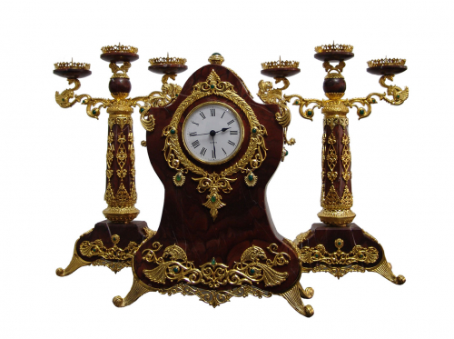 S-350<br> Clock with candlesticks Bronze, Jasper, Carnelian, Height - 30cm
