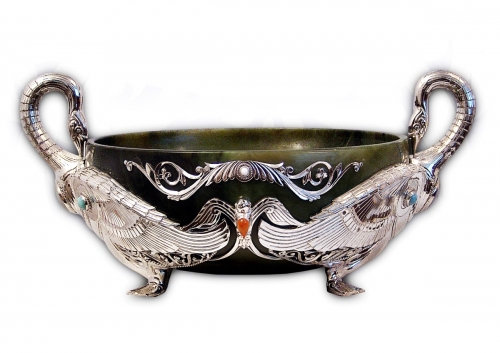 s-62. <br>  Bowl «Akky». <br>  930 silver. 892.54  grams. Natural Jade. Turquoise and Kahalong.                               Carnelian. FIAN. Height 16cm.
