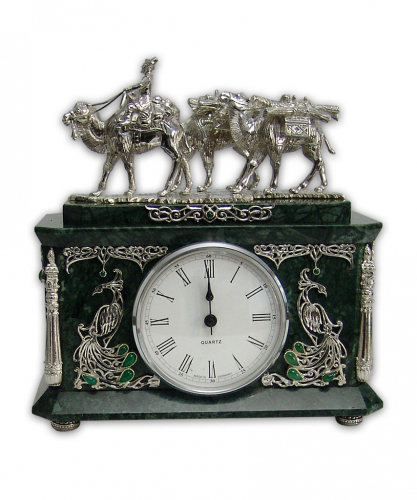 S-384<br> Office clock «Caravan» Sterling silver 925, 460 grams, Marble, Agate, UTS clockwork (Germany) Height 21cm