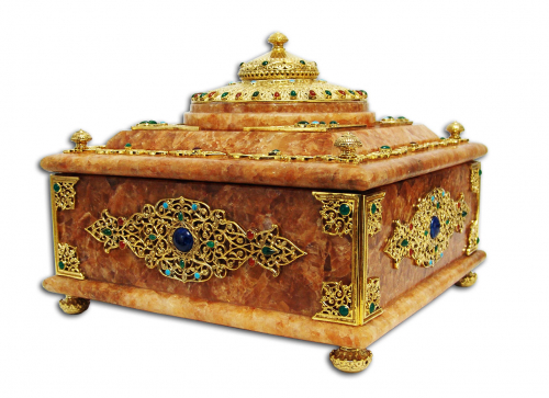 S-399<br> Jewelry box «East» Bronze with gilding, (999 samples) Onyx, Agate, lapis lazuli, turquoise, carnelian, Height 22 cm 25*25