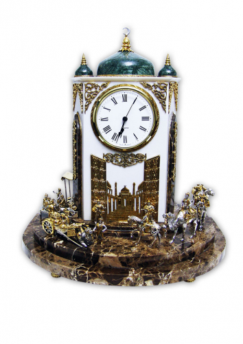S-370<br> Clock «Bazaar» Sterling silver 925, gilding 1700 grams, Marble, UTS clockwork (Germany) Height 40cm