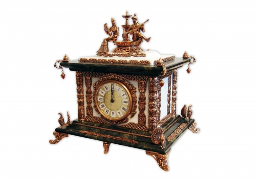 S - 324 <br>Clock <br> Height 34 cm. Bronze, marble, natural carnelian, Germany clock mechanism 